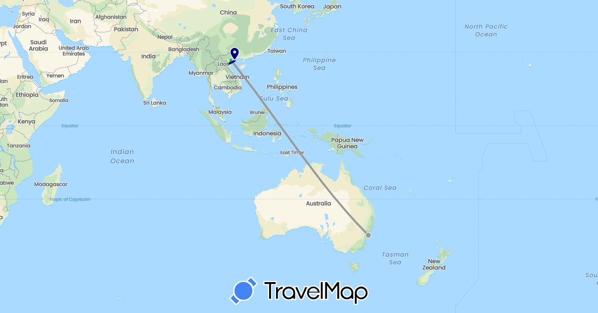 TravelMap itinerary: driving, bus, plane, cycling in Australia, Vietnam (Asia, Oceania)